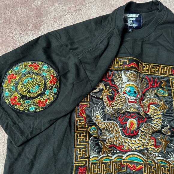 Vancarhell Women's Size Medium Tshirt Embroidered Chinese Dragon Black Y2K - Picture 1 of 12